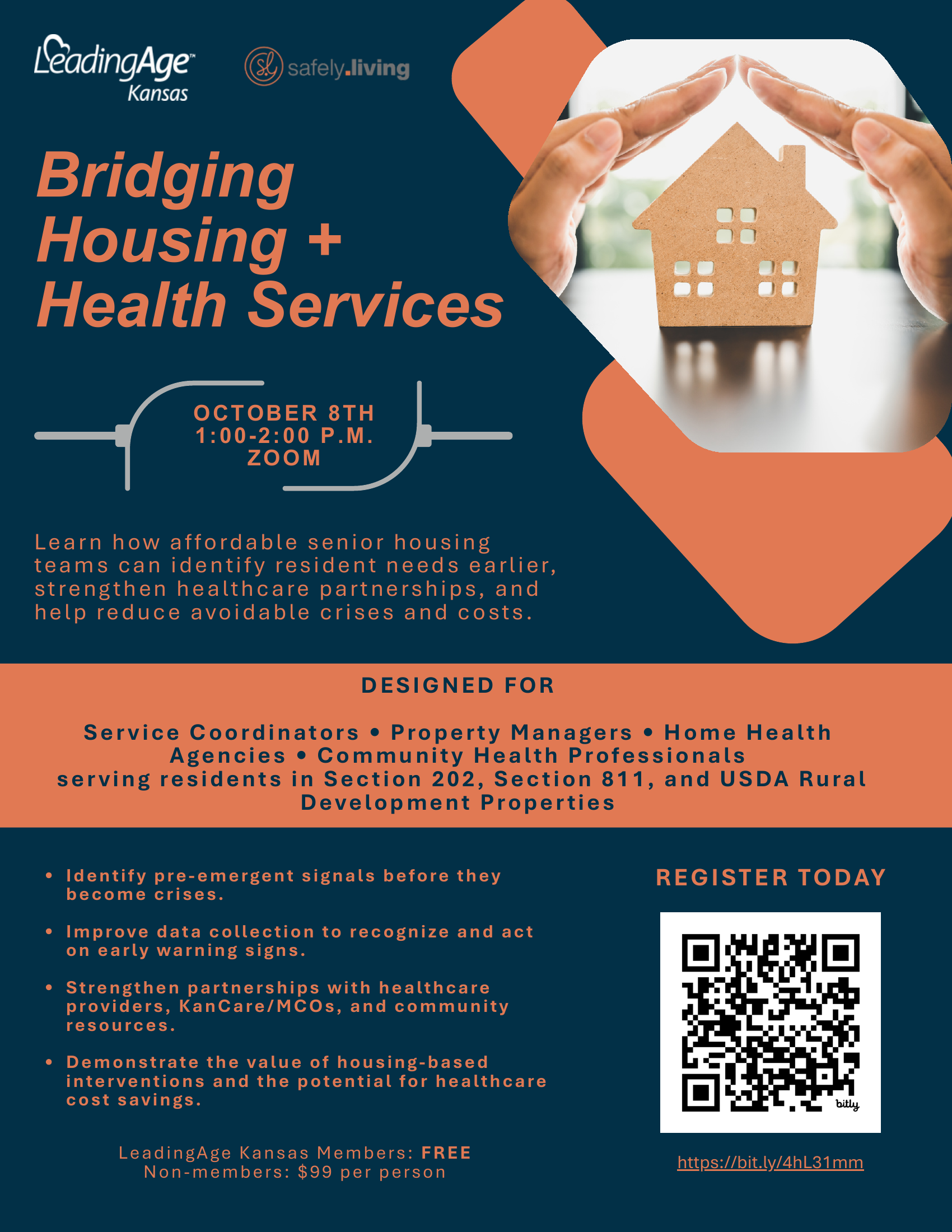 Bridging Housing + Health Services webinar flyer — LeadingAge Kansas and Safely.Living, October 8, 1:00–2:00 PM on Zoom